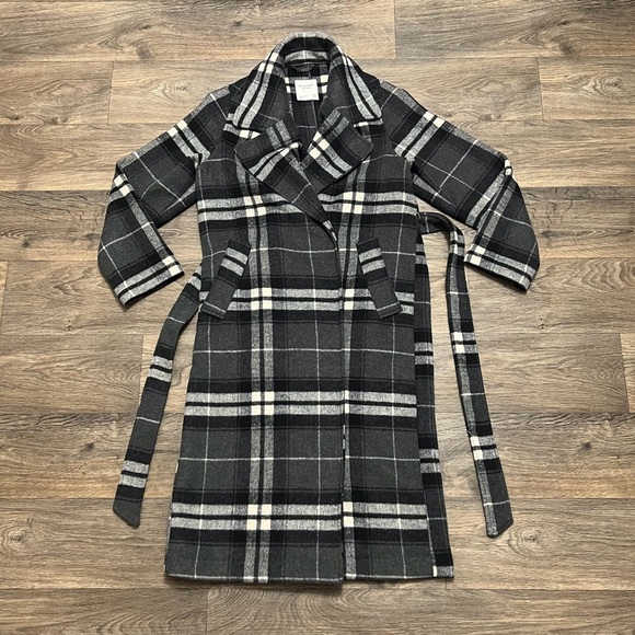 Abercrombie & Fitch Wool-Blend Belted Blanket Coat Plaid Gray Black Size XS Tall - Picture 5 of 9